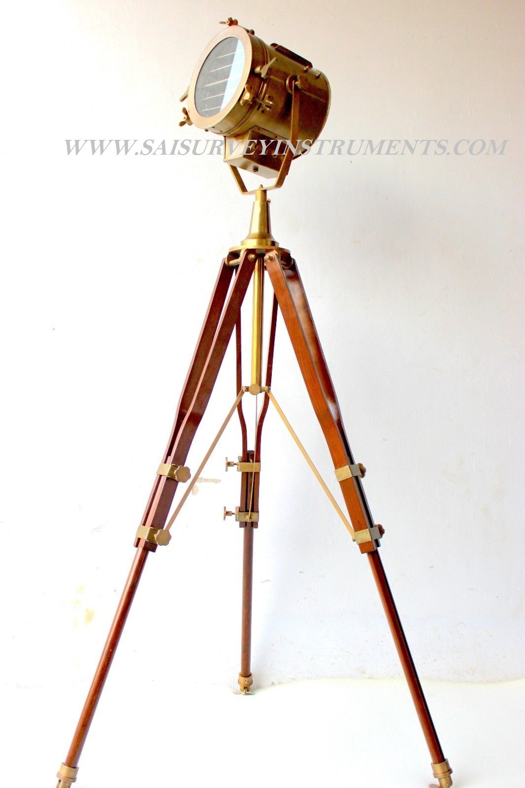 Nickle Vintage Look Designer Searchlight With Wooden Tripod Stand Collectible Brown Antique Spotlight