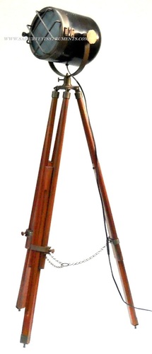 Black & Brown Antique Nautical Search Light with Wooden Tripod Stand ~ Collectible Model Spotlight
