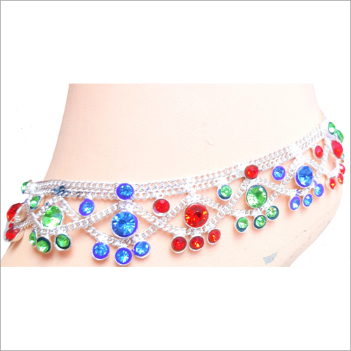 Designer Multicolor Anklets - Silver Material, 10 Inches Size, Multicolor Stone Detailing | For Women, Elegant Design, Durable Finish