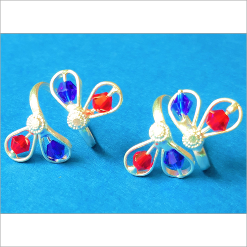 Coloured Designer Toe Rings - Silver with Blue and Red Beads | Lightweight, Available in Multiple Sizes for Women