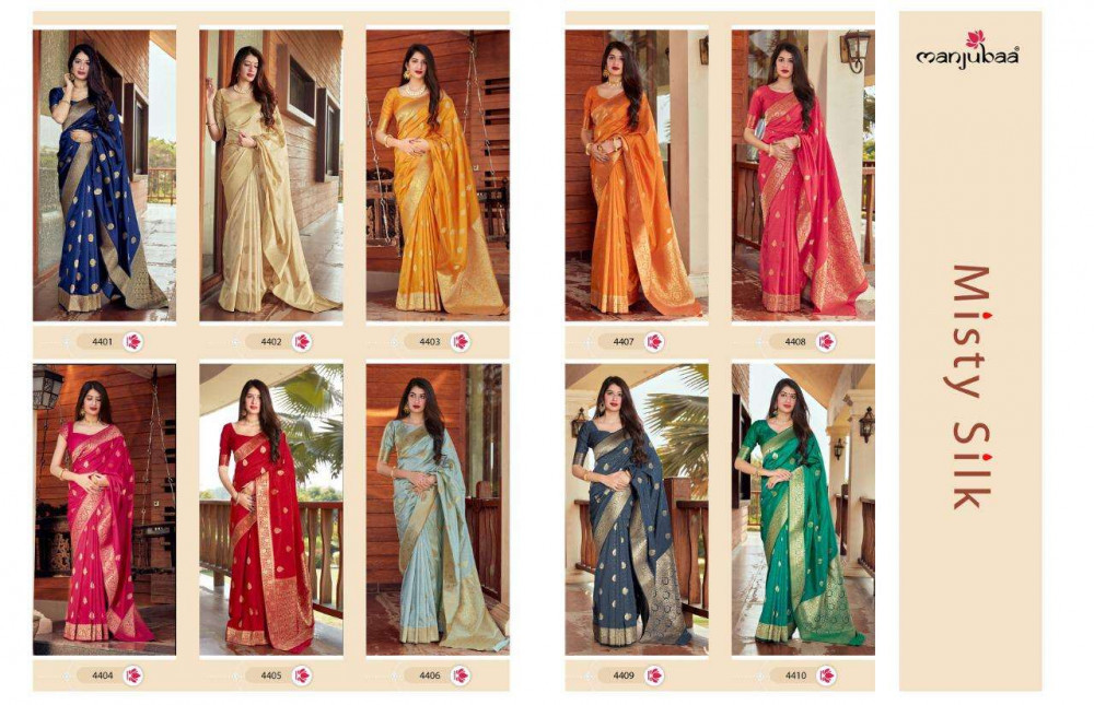 Multi Color Manjubaa Misty Silk Exclusive Fancy Saree Catalog Collection
