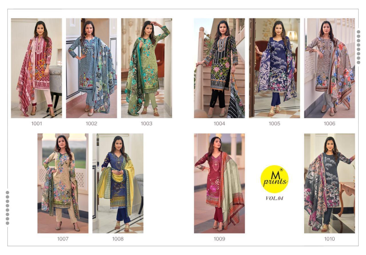 M Print Vol 4 Karachi Printed Cotton Dress Material Catalog - Cotton, Unstitched Top (2.25 Mtr), Bottom (2 Mtr), Dupatta (2.25 Mtr) | Multi Color, Full Sleeves, All Season Wear, Washable