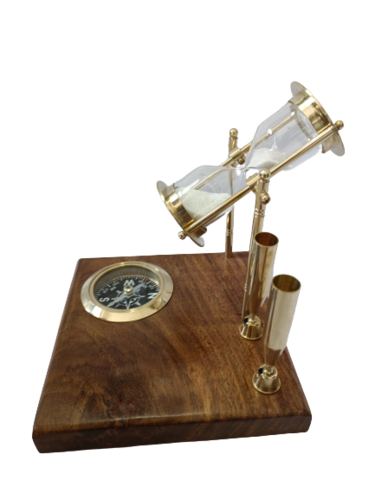 0091 Antique Pen Holder With Brass Sand Timer Min And Magnetic Compass - Metal, 12.7x12.5x13.8 cm, Golden Brown | Perfect for Office and Home Decoration, Weighs 410g