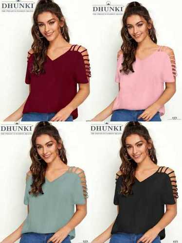 Dhunki Designer Ladies Tops - Heavy Georgette, Length: 24-25 Inches, Size: M & XL, Colors: 4, Full Stitched, Short Sleeve, Designer Sleeves