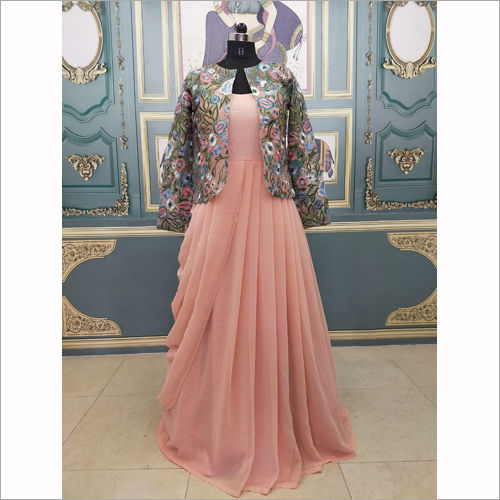 Available In Different Color Ladies Jacket With Peach Gown