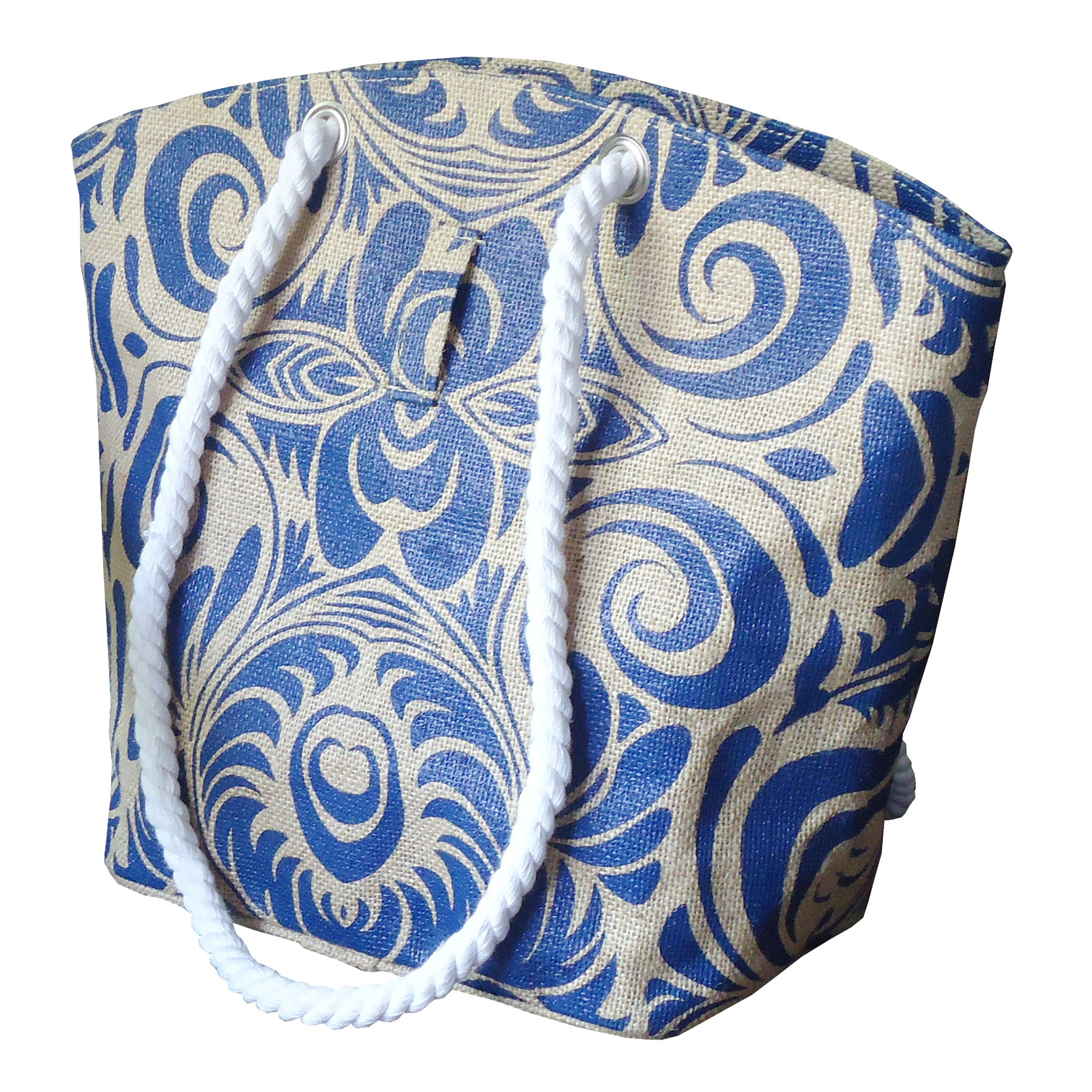 Pp Laminated Jute Beach Bag - 31h X 44w X (15 X 33 Cm) , Floral Print, Eco-friendly, Re-usable, Hanging Zip Pocket, Zip Closure, Twisted Rope Handle