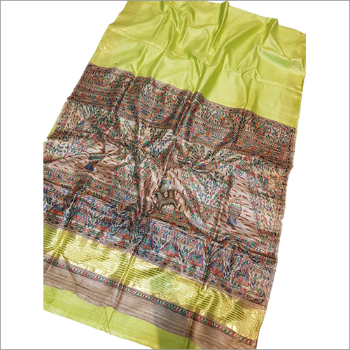 सिल्क तुसर घिचा मधुबनी प्रिंटेड साड़ी