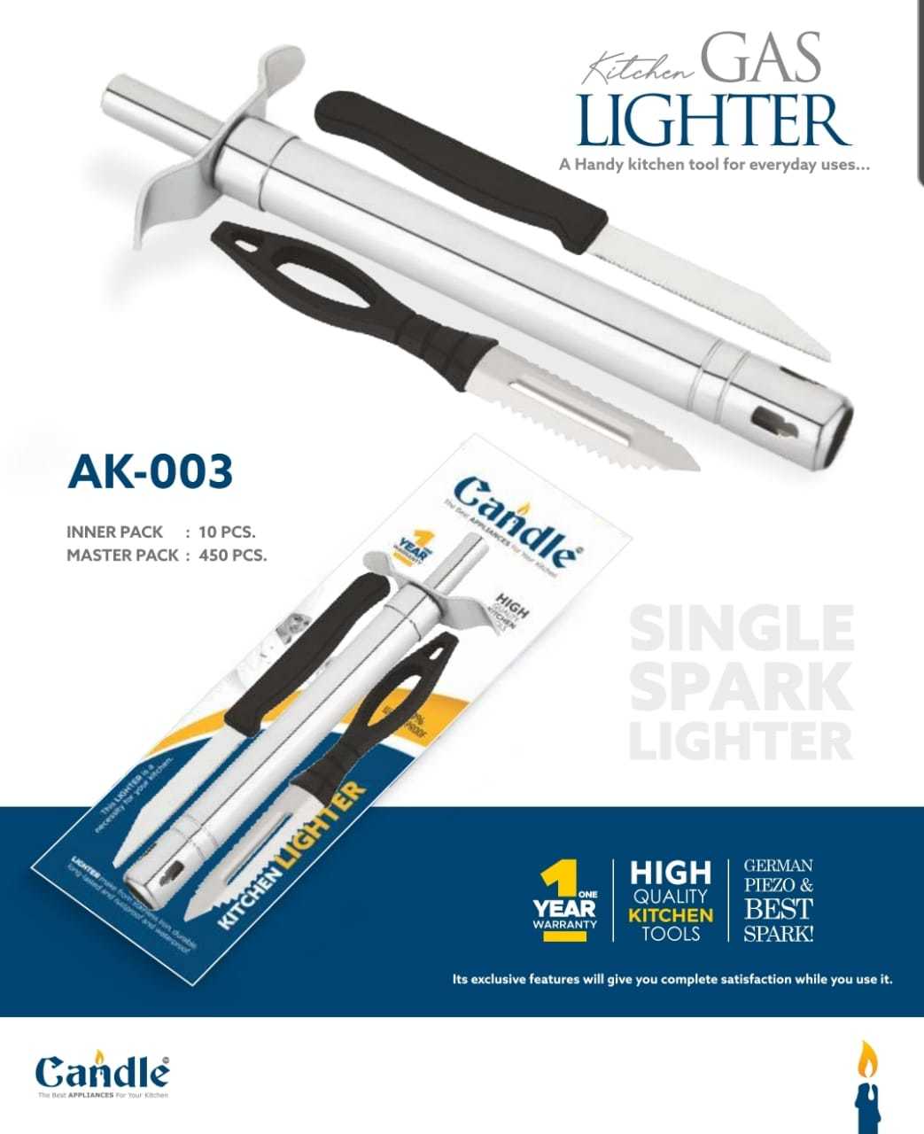 Kitchen Gas - Stainless Steel, 8 Inch Size, Silver Color | Strong Spark, Durable Metal Design, 10 Boxes Included