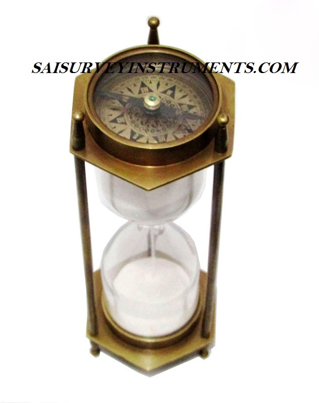 Brown Antique Sand Timer With Two Sided Compass 5 Minutes