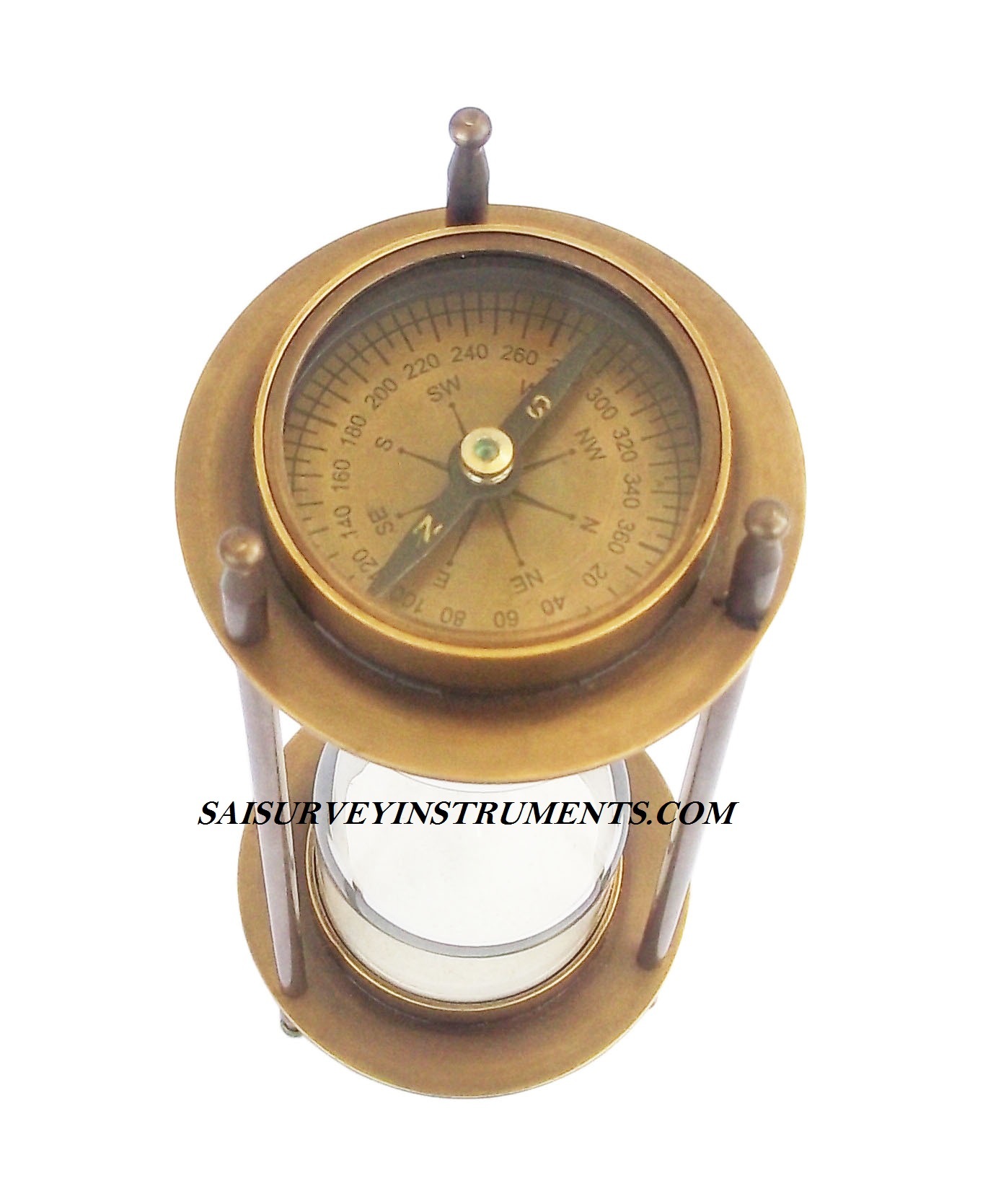 Brown Antique Brass Sand Timer With Two Sided Compass