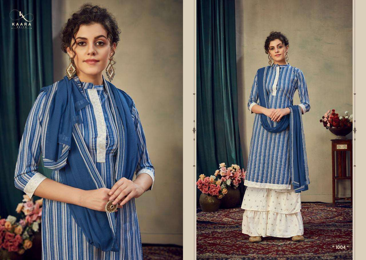 Multi Color Kaara Suits Ding Dong Jam Satin Print With Embroidery Work Sharara Suit Catalog