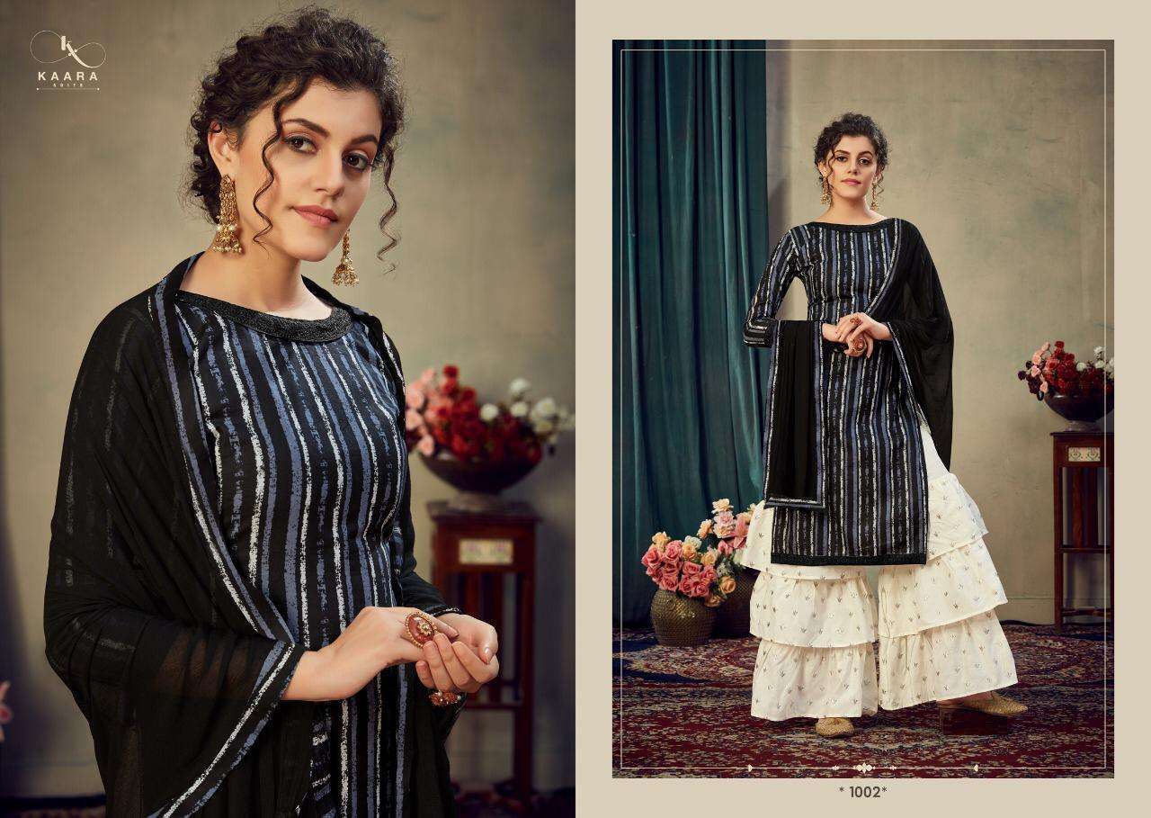 Multi Color Kaara Suits Ding Dong Jam Satin Print With Embroidery Work Sharara Suit Catalog