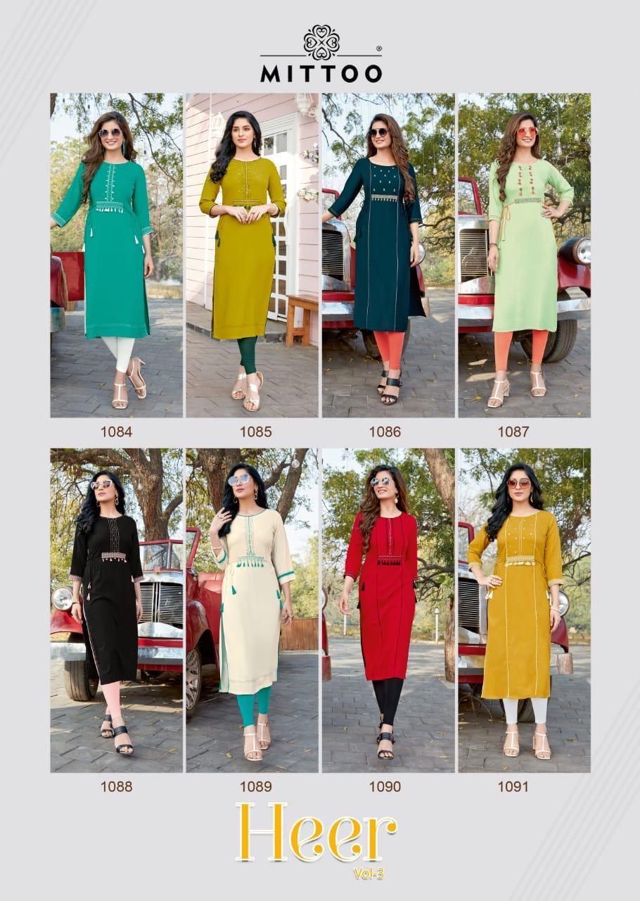 Mittoo Heer Vol 3 Rayon With Embroidery Work Kurti Catalog - Rayon Fabric, Full Stitched Sizes M To Xxxl, Multi Color, 3-4th Sleeve, Modern Ethnic Style, Washable, Ideal For All Seasons