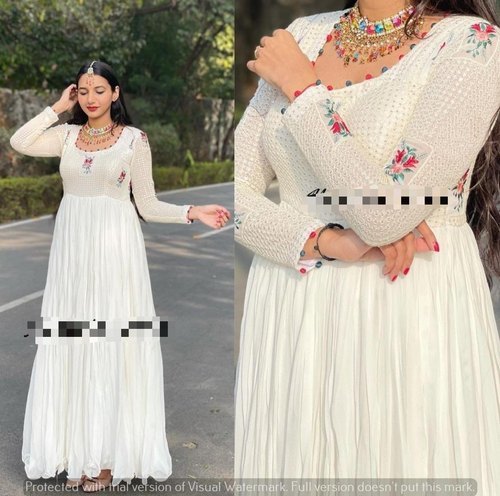 Faux Georgette All Over Sequence Multi Thread Machine Embroidery