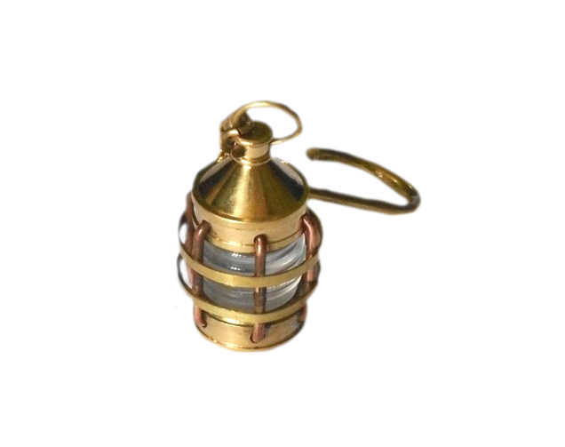 Brass Key Chain Ship Lantern - 4.5" Length, Shiny Polished Vintage Nautical Style With Handmade Glass & Wood Accents