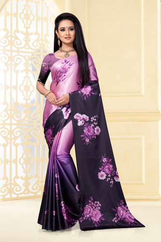 Purple Thecrownlady Glossy Satin Silk Printed Saree