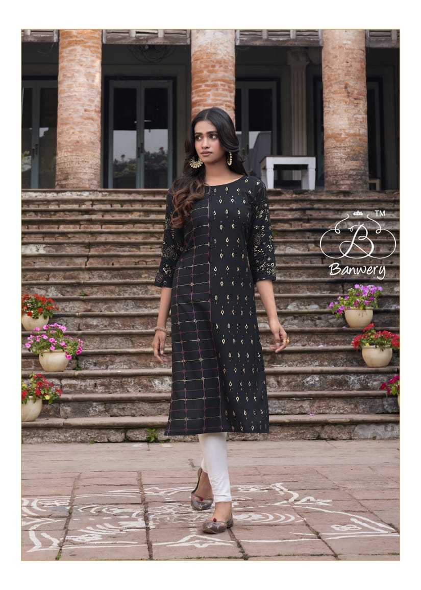 Colourbar Rayon With Guaranteed Banarasi Foil Print Kurtis - 14kg Heavy Rayon, Size M(38)-xxl(44), 1168.4 Mm Length, 3/4 Sleeve Style, Washable, Quick Dry