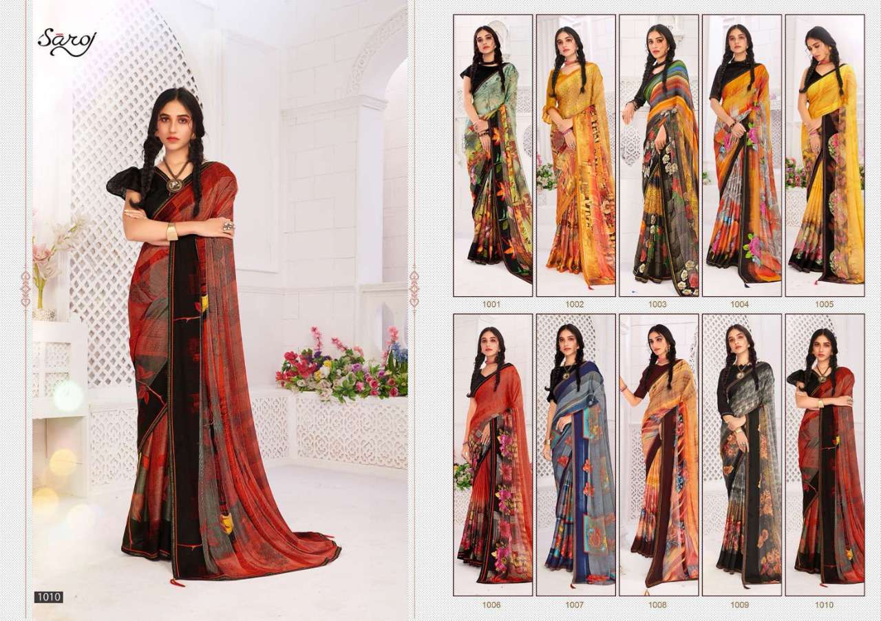 Multi Color Saroj Textiles Hot And Cool Brasso Satin Patta With Swarovski Work On Border Fancy Saree Catalog