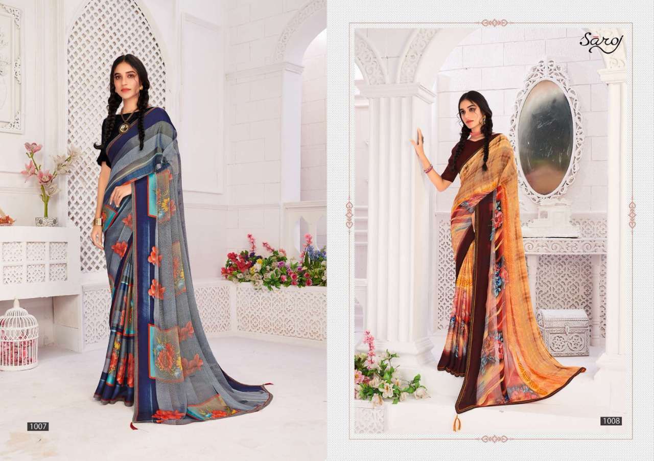 Multi Color Saroj Textiles Hot And Cool Brasso Satin Patta With Swarovski Work On Border Fancy Saree Catalog