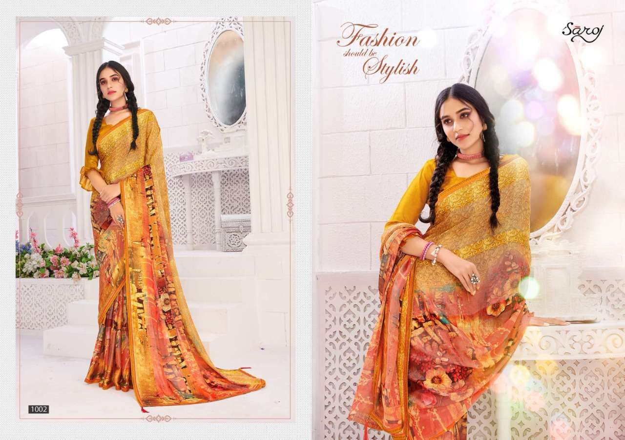 Multi Color Saroj Textiles Hot And Cool Brasso Satin Patta With Swarovski Work On Border Fancy Saree Catalog