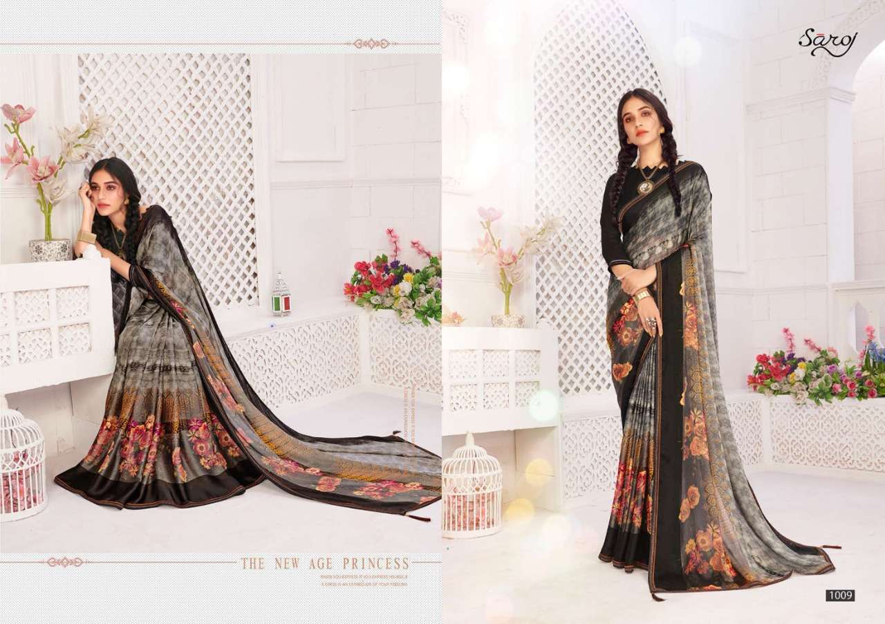 Multi Color Saroj Textiles Hot And Cool Brasso Satin Patta With Swarovski Work On Border Fancy Saree Catalog