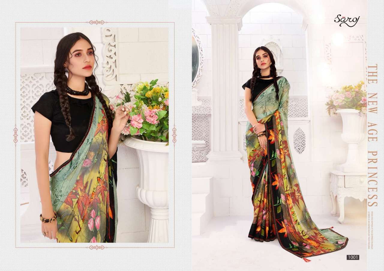 Multi Color Saroj Textiles Hot And Cool Brasso Satin Patta With Swarovski Work On Border Fancy Saree Catalog