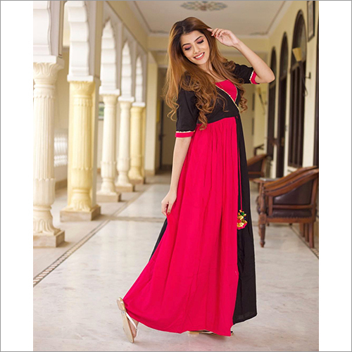 Red Printed Designer Long Kurti - Cotton Blend, Short Sleeve, Ladies, All-season Wear | Customizable Design Options, Washable Fabric