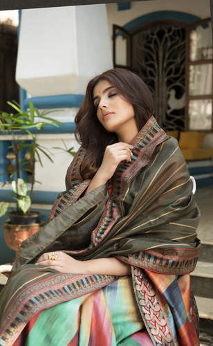 Digital Printed Dupatta - Viscose Mehendi Color, 2.40 Meters Length | Premium Chanderi Silk with Digital Border, Dry Clean Only
