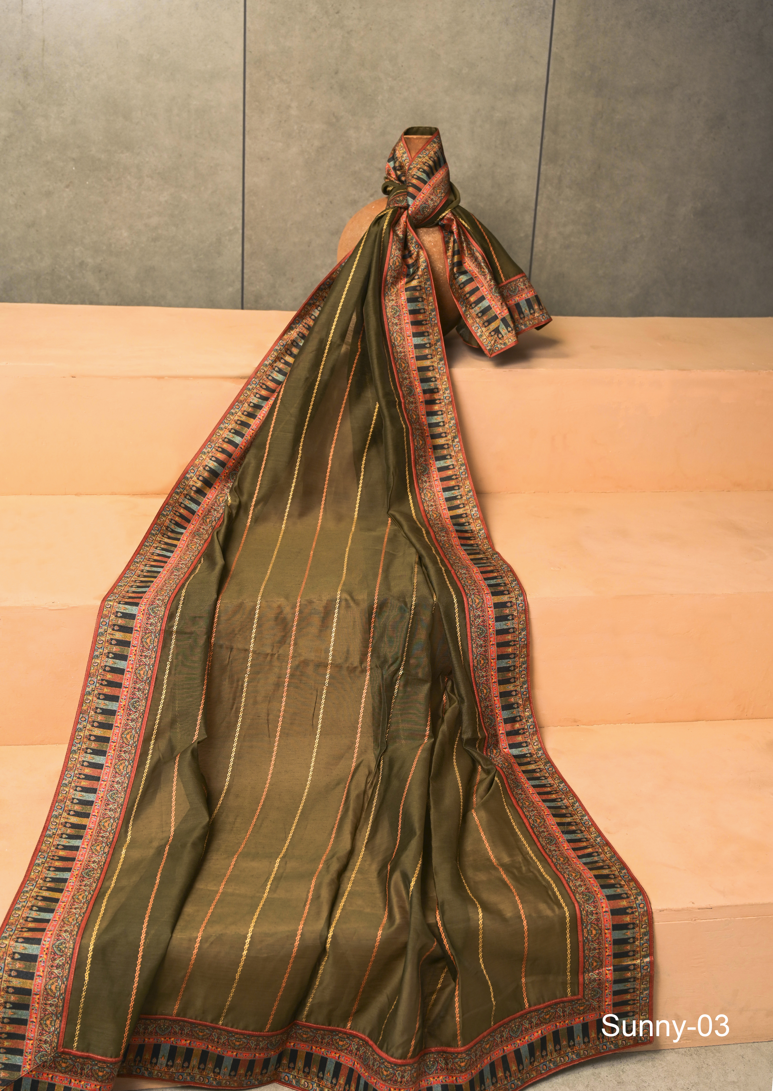 Digital Printed Dupatta - Viscose Mehendi Color, 2.40 Meters Length | Premium Chanderi Silk With Digital Border, Dry Clean Only