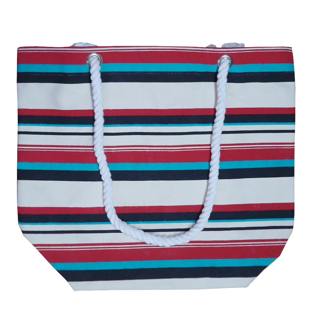 Twisted Rope Handle Hanging Zip Pocket 12 Oz Natural Canvas Tote Bag Design: Striped