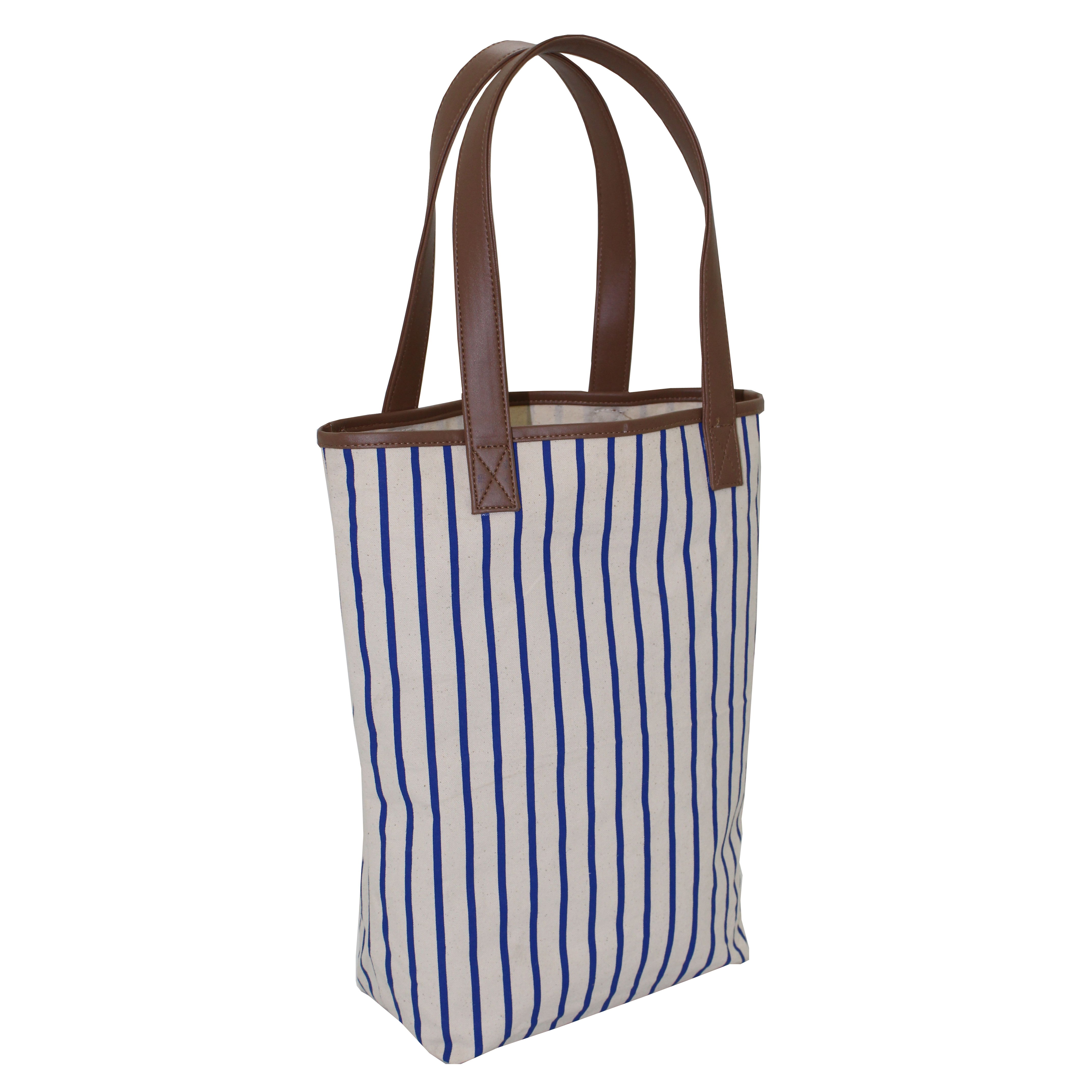 Pu Trimmed Handle Natural Canvas Tote Bag - 40 X 38 X 12 Cm Striped Print Eco-friendly Re-usable Capacity: 10 Kg Open Lock System