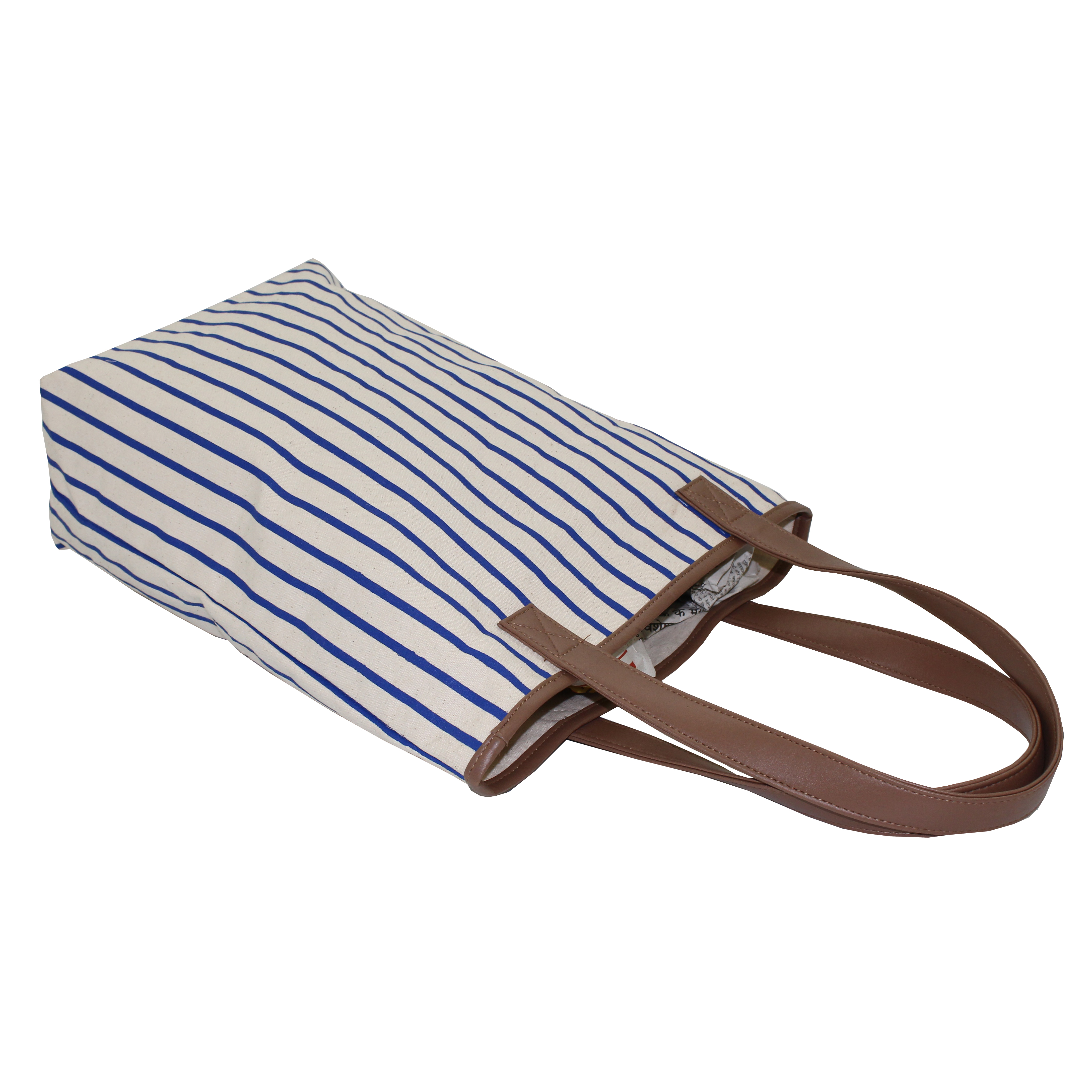 Pu Trimmed Handle Natural Canvas Tote Bag - 40 X 38 X 12 Cm Striped Print Eco-friendly Re-usable Capacity: 10 Kg Open Lock System