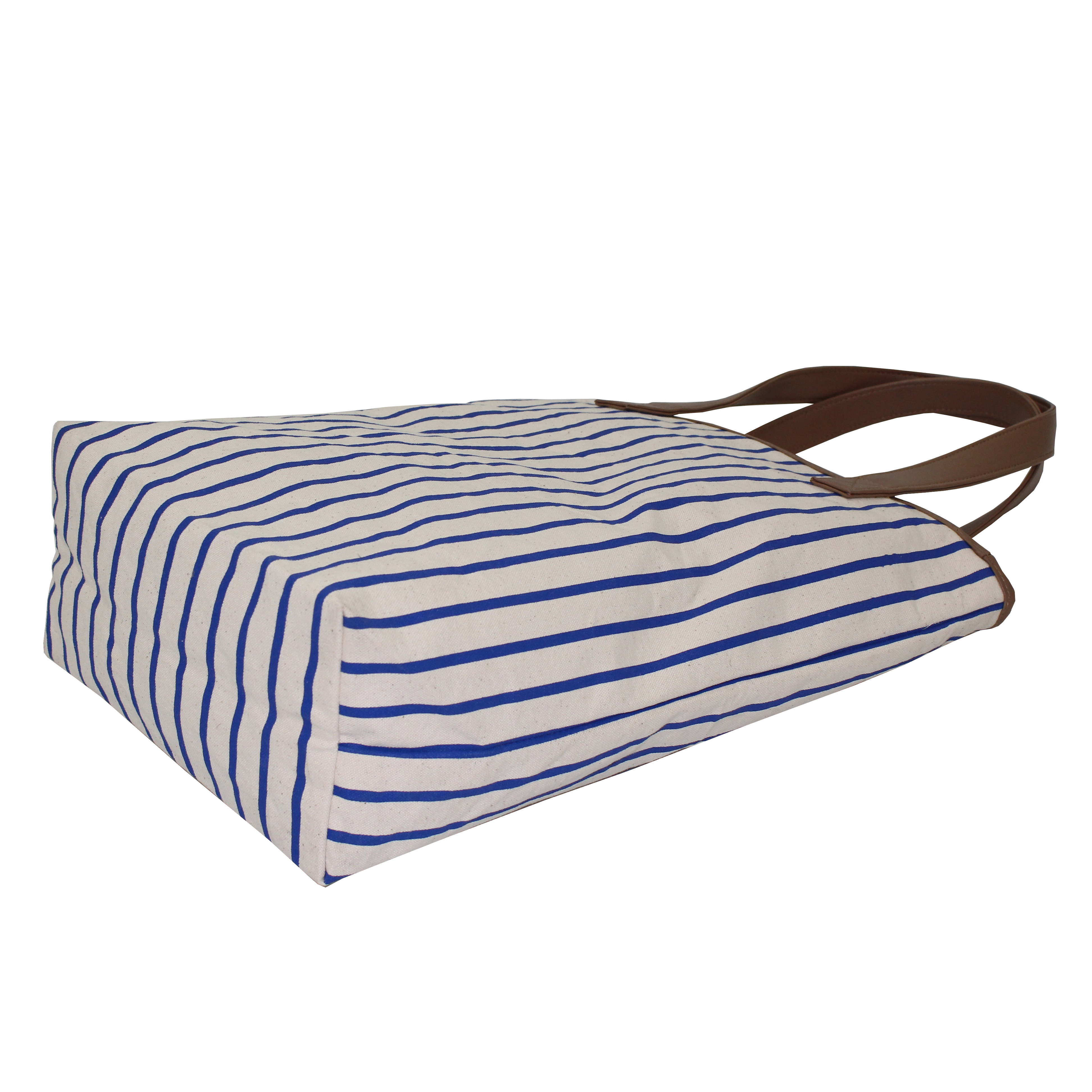 Pu Trimmed Handle Natural Canvas Tote Bag - 40 X 38 X 12 Cm Striped Print Eco-friendly Re-usable Capacity: 10 Kg Open Lock System