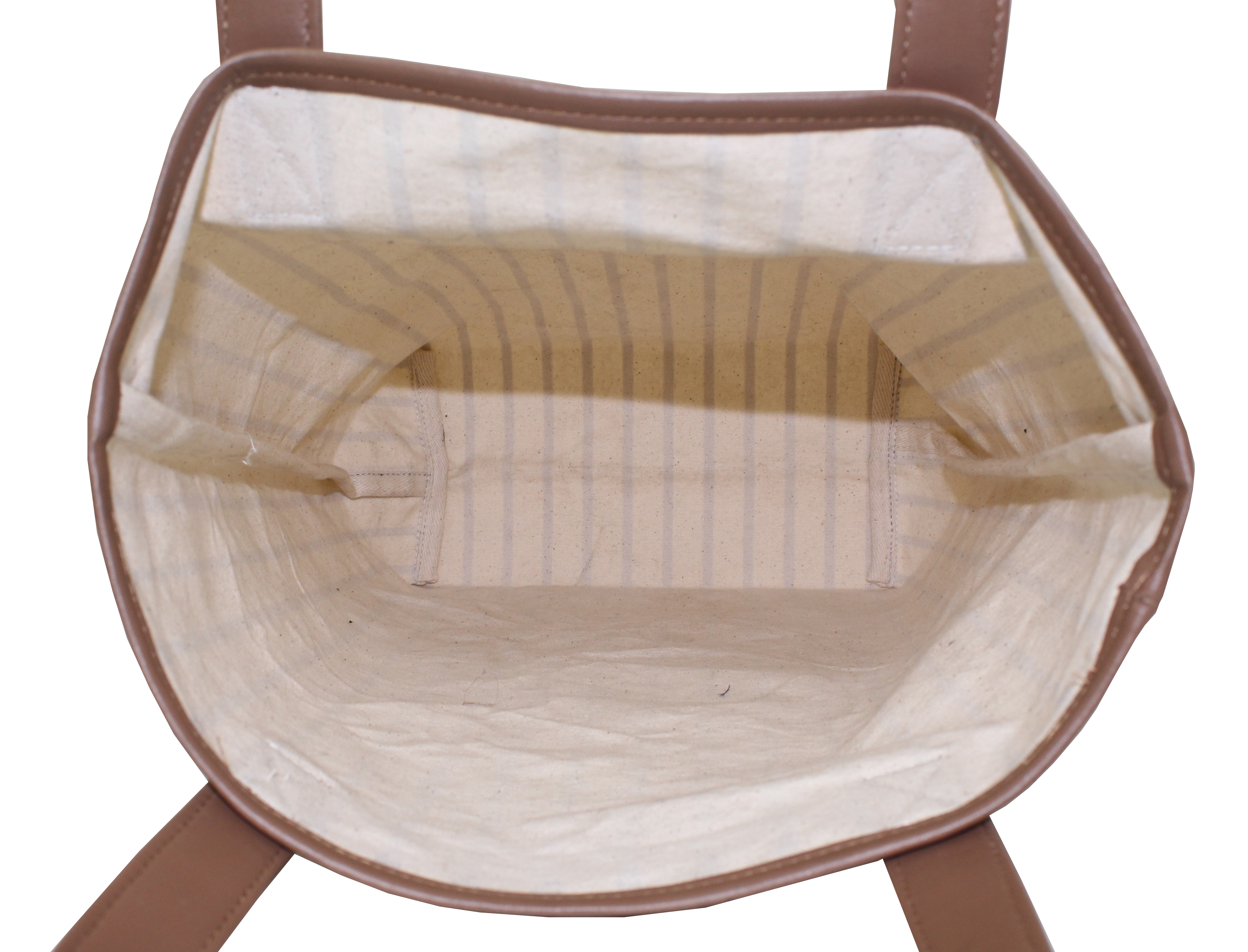 Pu Trimmed Handle Natural Canvas Tote Bag - 40 X 38 X 12 Cm Striped Print Eco-friendly Re-usable Capacity: 10 Kg Open Lock System