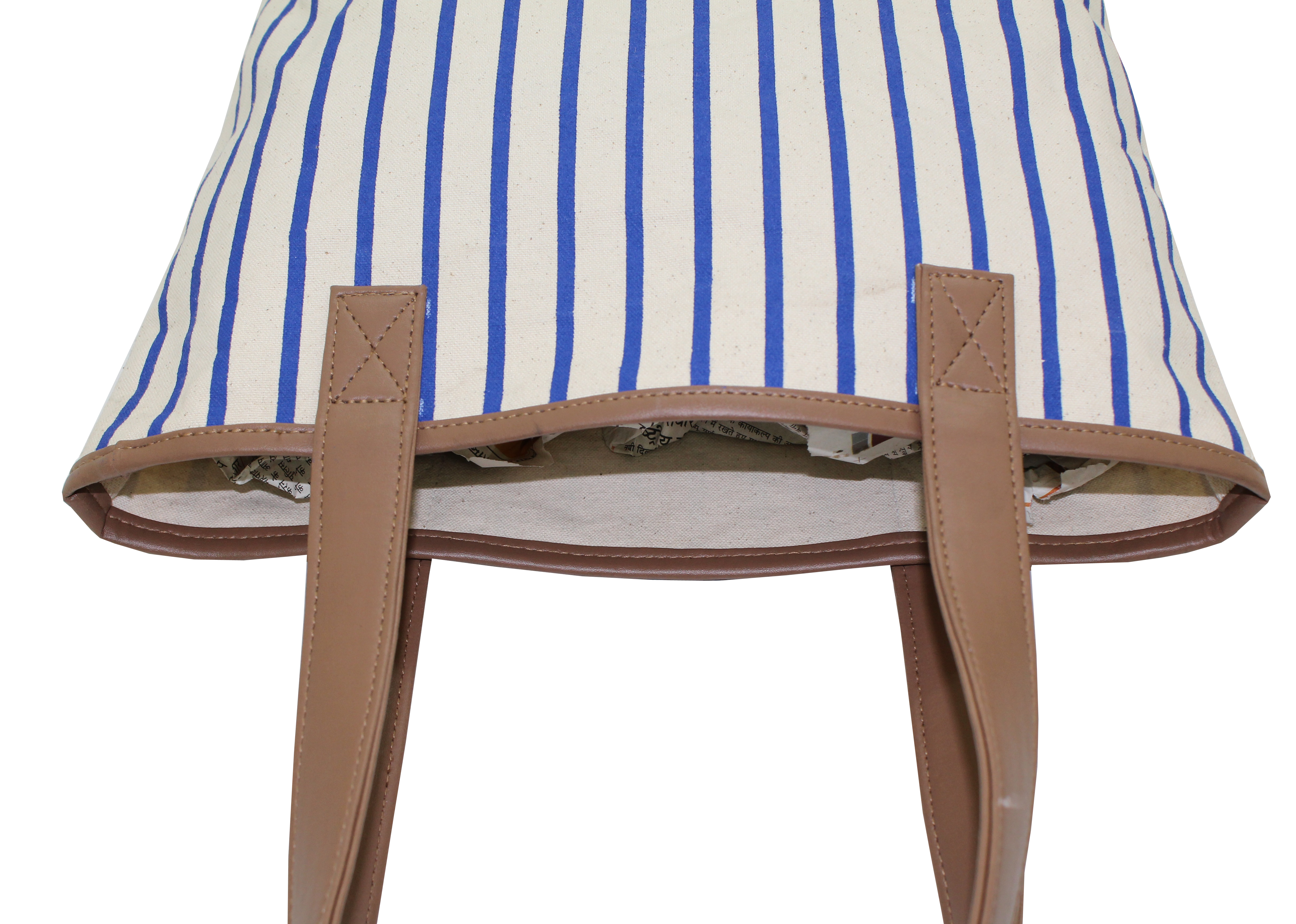 Pu Trimmed Handle Natural Canvas Tote Bag - 40 X 38 X 12 Cm Striped Print Eco-friendly Re-usable Capacity: 10 Kg Open Lock System
