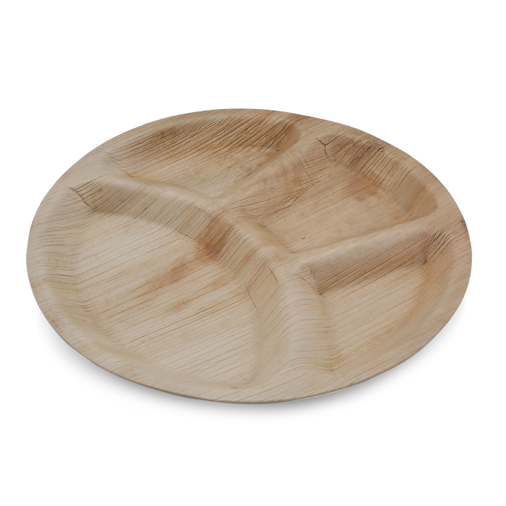 Disposable Areca Palm Leaf Plates With 4 Compartments - 12 Inch Round | 100% Natural, Export Quality, Eco Friendly, Available In Bulk