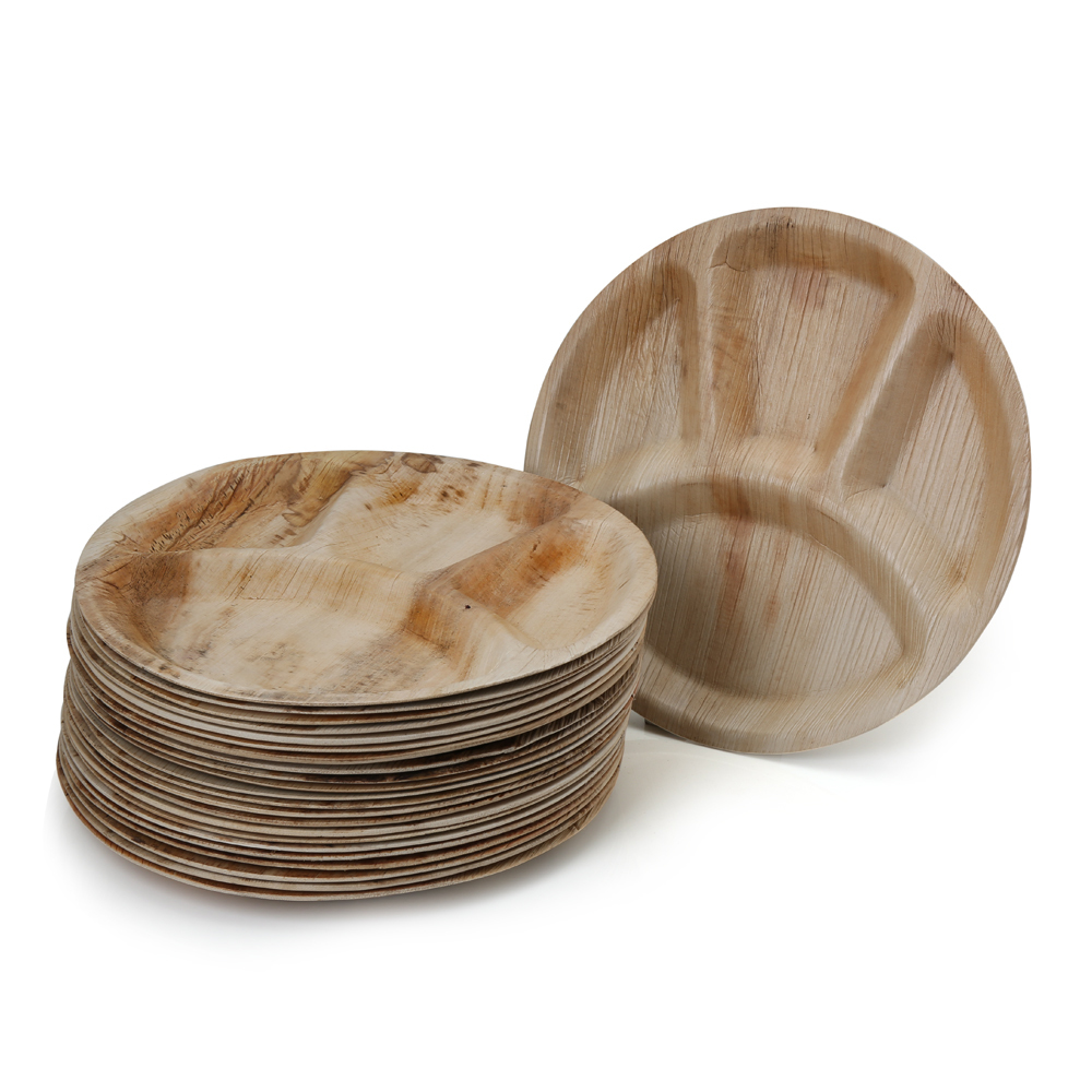 Disposable Areca Palm Leaf Plates With 4 Compartments - 12 Inch Round | 100% Natural, Export Quality, Eco Friendly, Available In Bulk