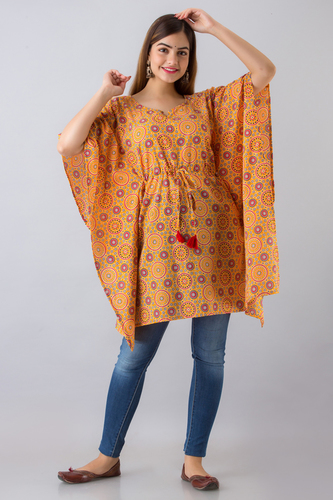 Printed Cotton Kaftan - Yellow, Available in Sizes S to XXL | Comfy All-Season Wear with Tussel and Doori Print