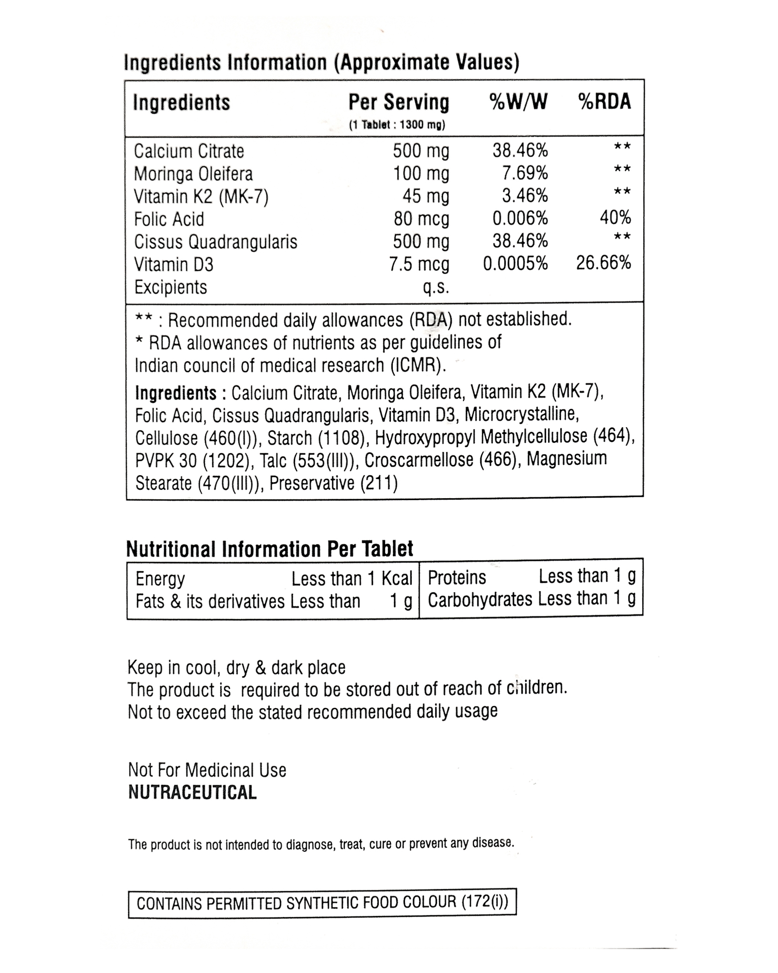 Calcium Supplement Dosage Form: Tablet