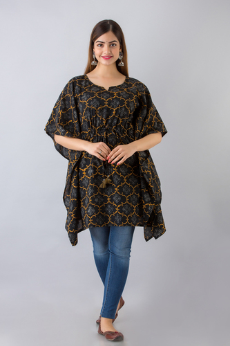 Black Printed Cotton Kaftan - Available in S, M, L, XL, XXL | Comfy Design with Tussel and Doori, All Season Washable