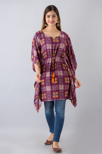 Purple Cotton Printed Kaftan - Available in S, M, L, XL, XXL | Comfy All-Season Wear with Tussel and Doori Details