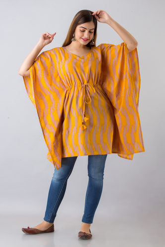 Printed Cotton Women Kaftan - Yellow | Comfy, All Season, Available in Sizes S to XXL, Feature Tussle and Doori
