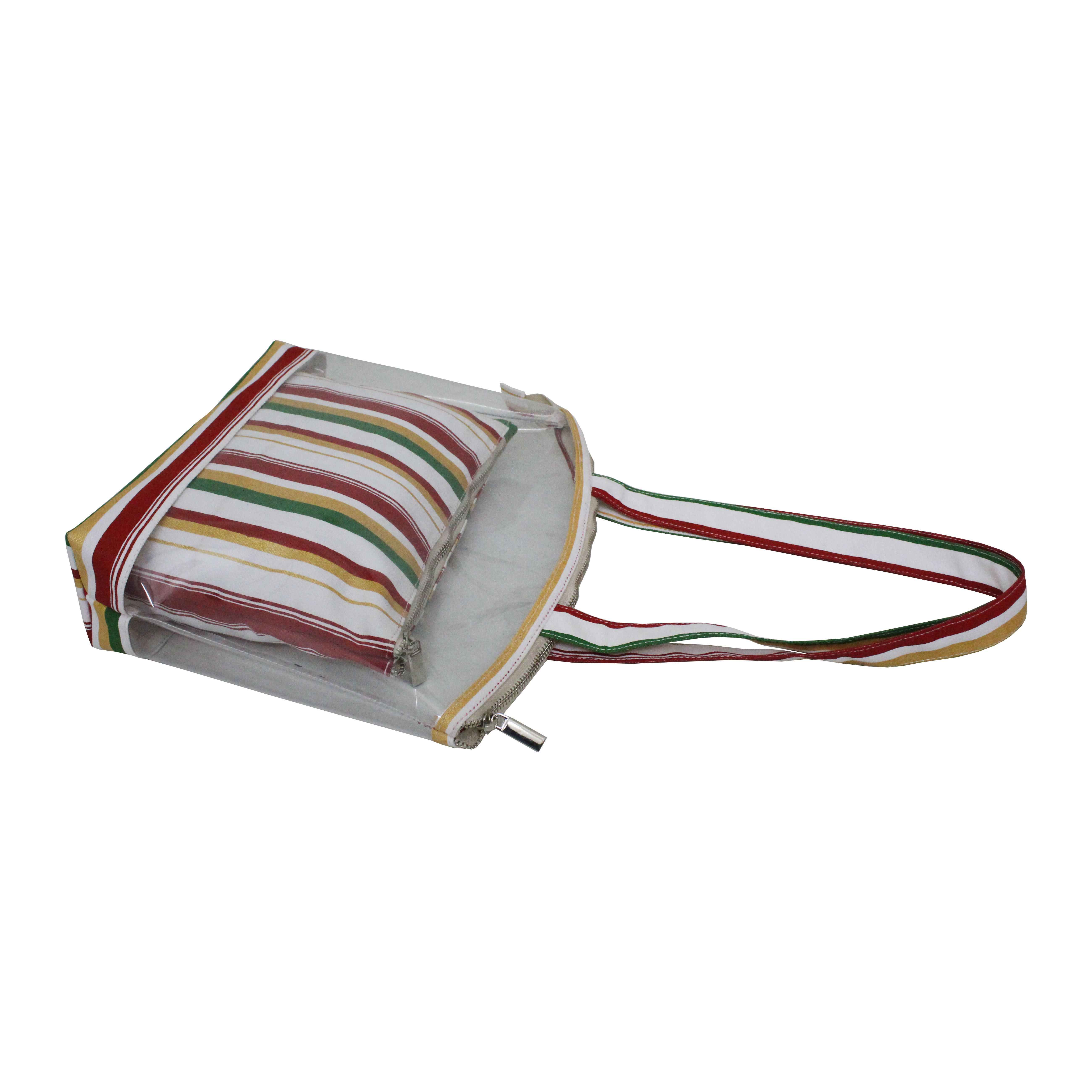Customized Multicolor Stripe Print Zip Closure Long Handle Transparent Canvas Tote Bag