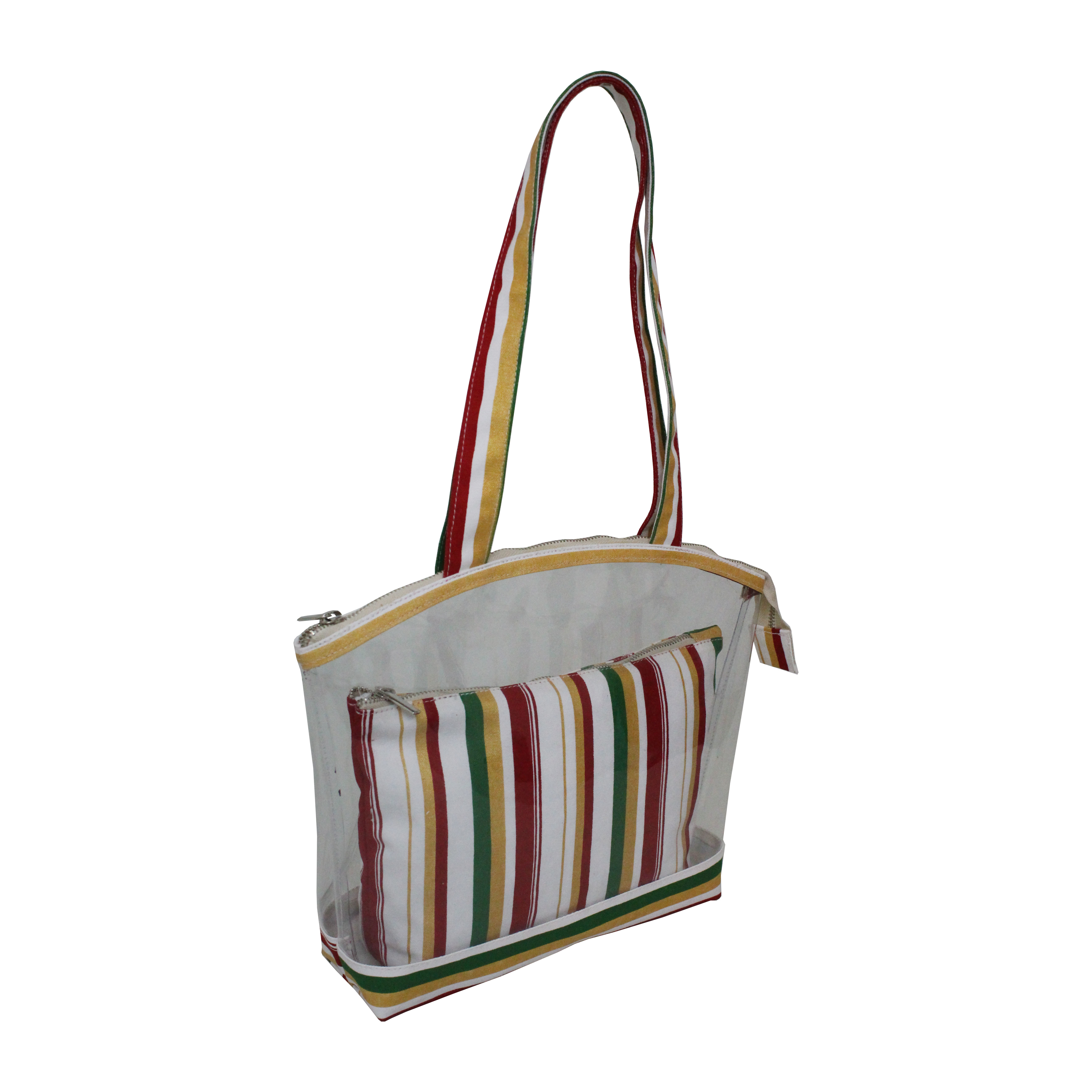 Customized Multicolor Stripe Print Zip Closure Long Handle Transparent Canvas Tote Bag