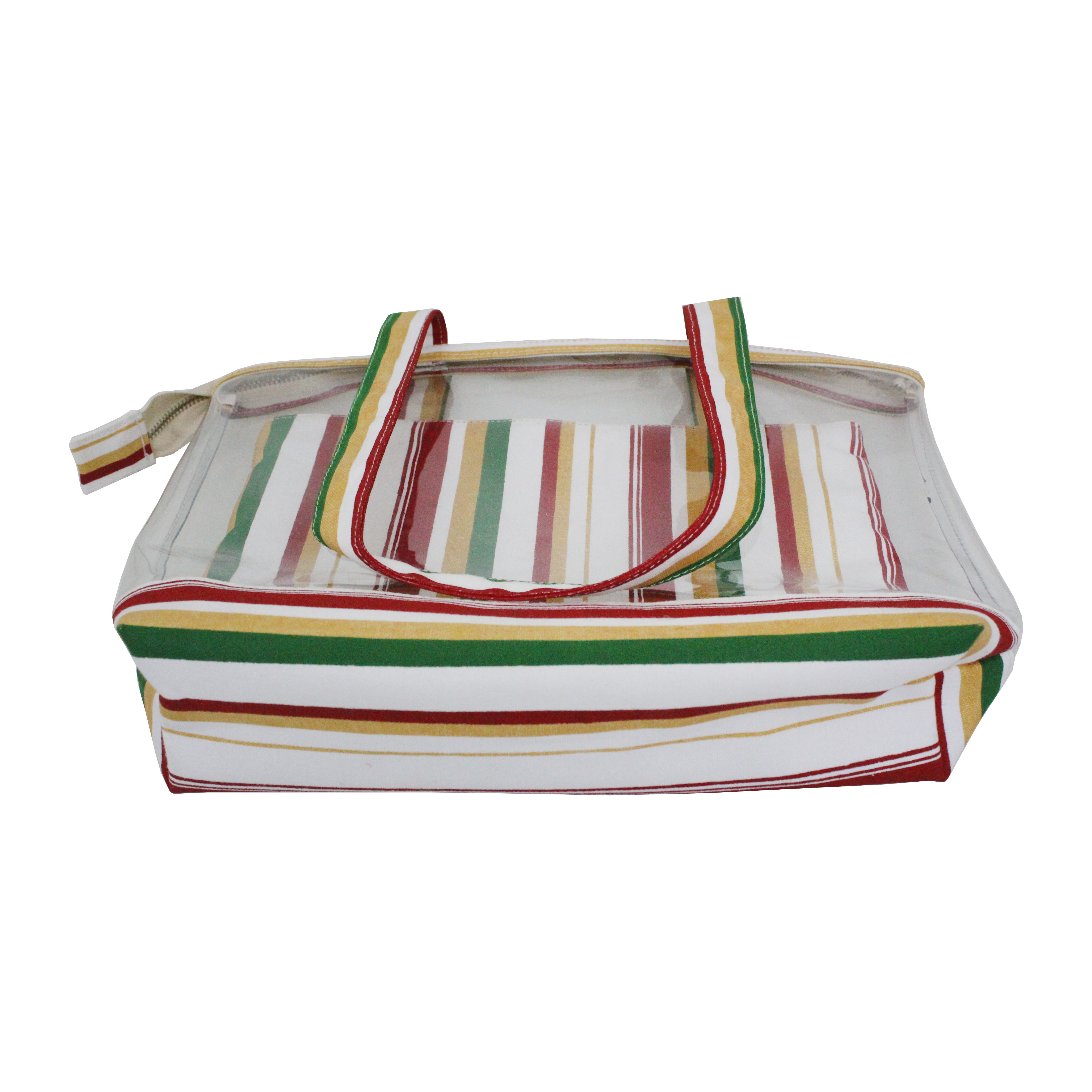 Customized Multicolor Stripe Print Zip Closure Long Handle Transparent Canvas Tote Bag