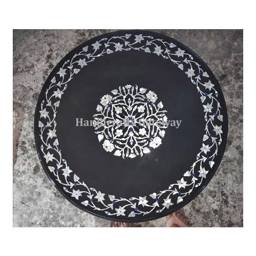 Beautiful Black Marble Round Table Top - Customized Sizes 24x24 to 72x72 Inches, Polished Finish with Mother of Pearl Stone Flower Design, Antique Imitation Style, Ideal for Home Decoration