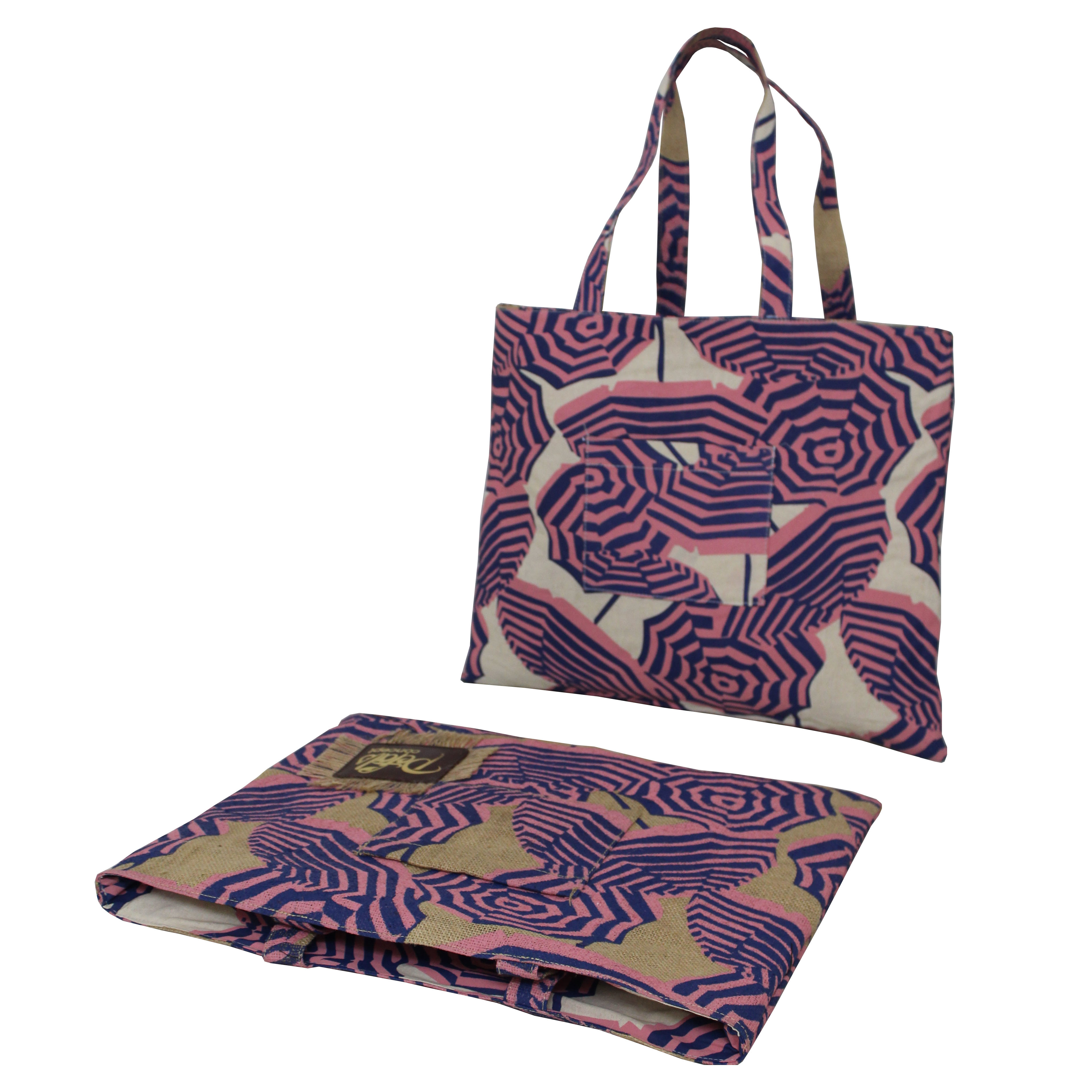 Abs Two Color Print Jute And Cotton Reversible Tote Bag