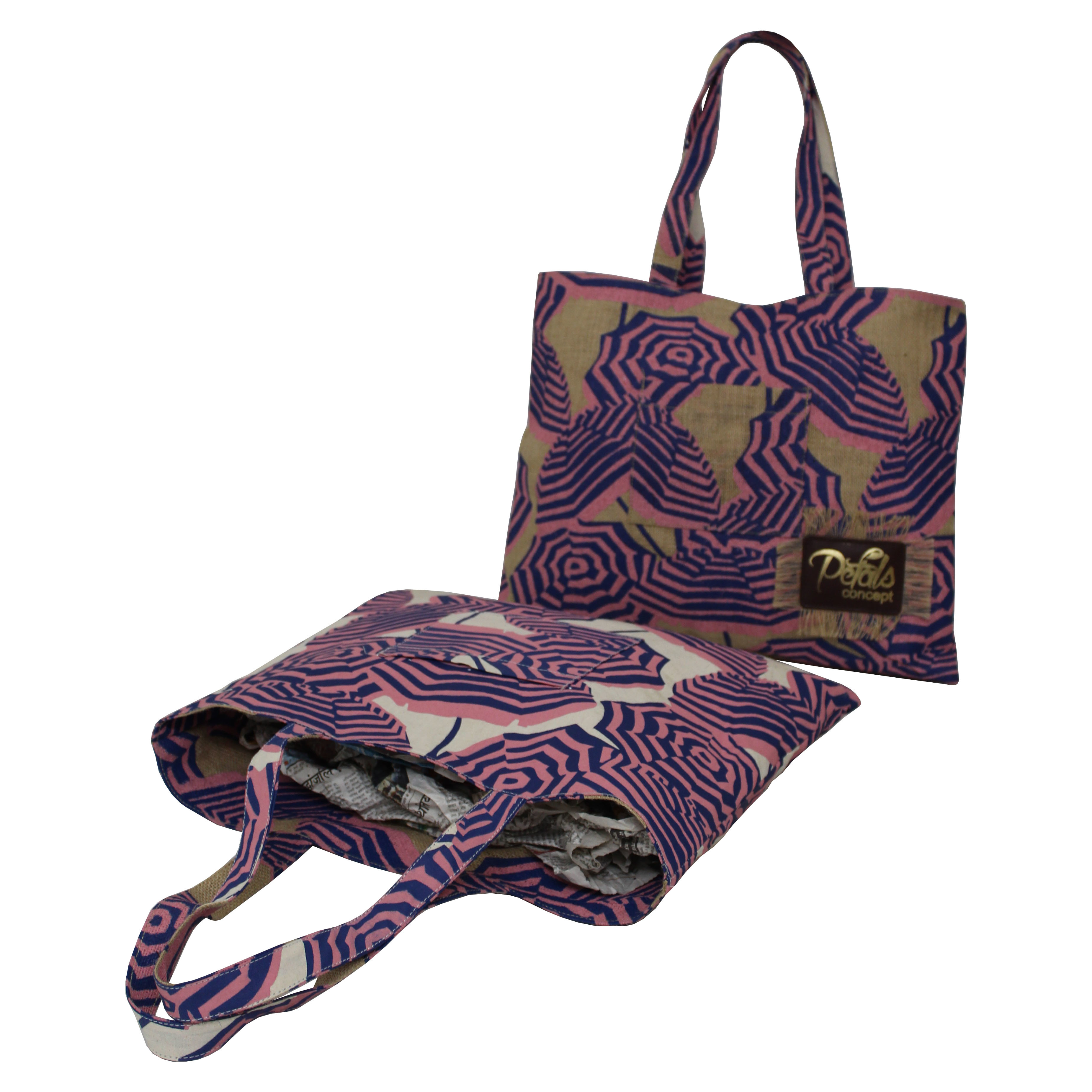 Abs Two Color Print Jute And Cotton Reversible Tote Bag