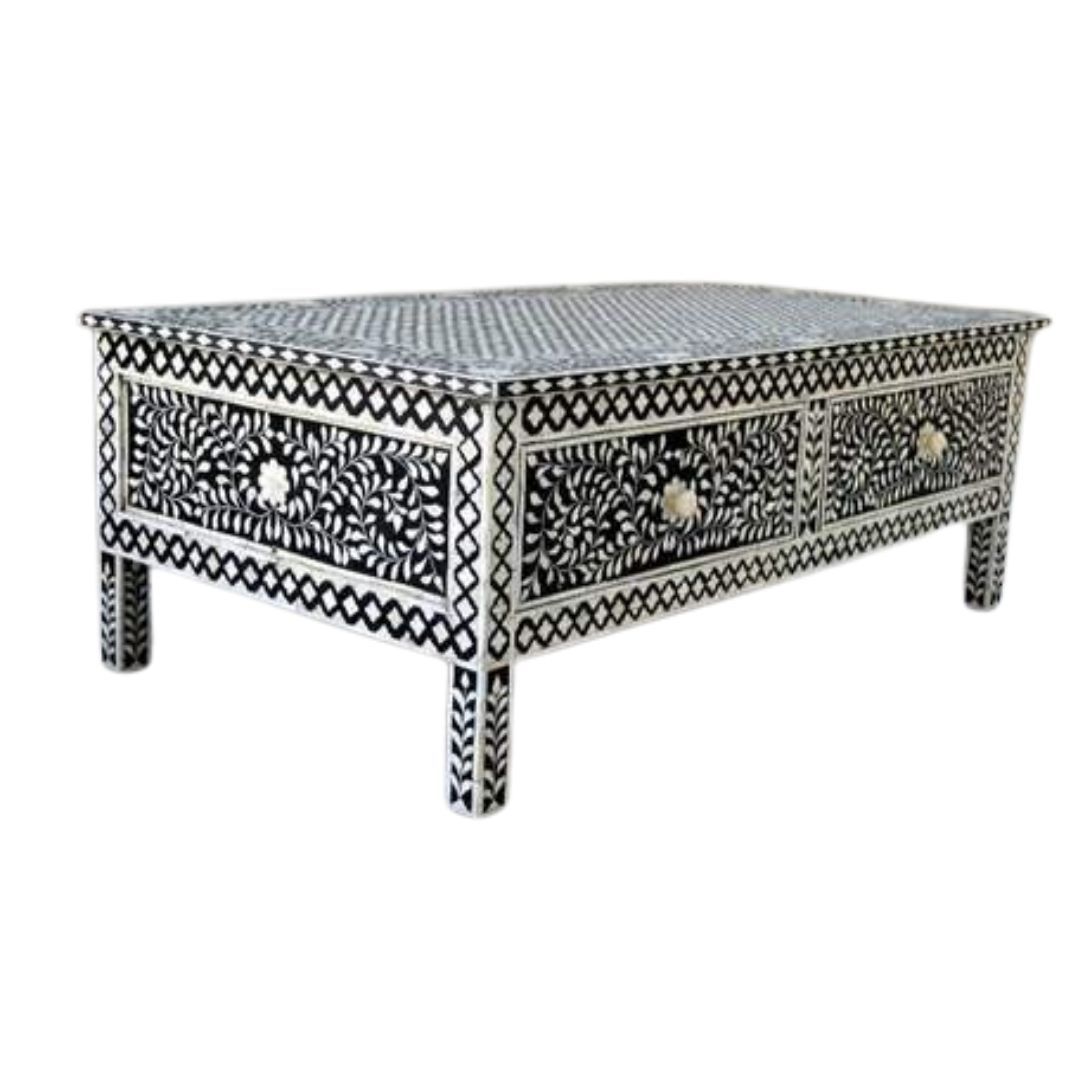 Bone Inlay Coffee Table - Black And White Leaf Design | Elegant Artistic Accent Piece