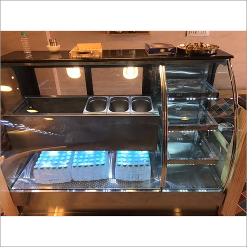 Display Counter - Glass and Stainless Steel, Silver Polished Finish with Organized Sections for Food Display